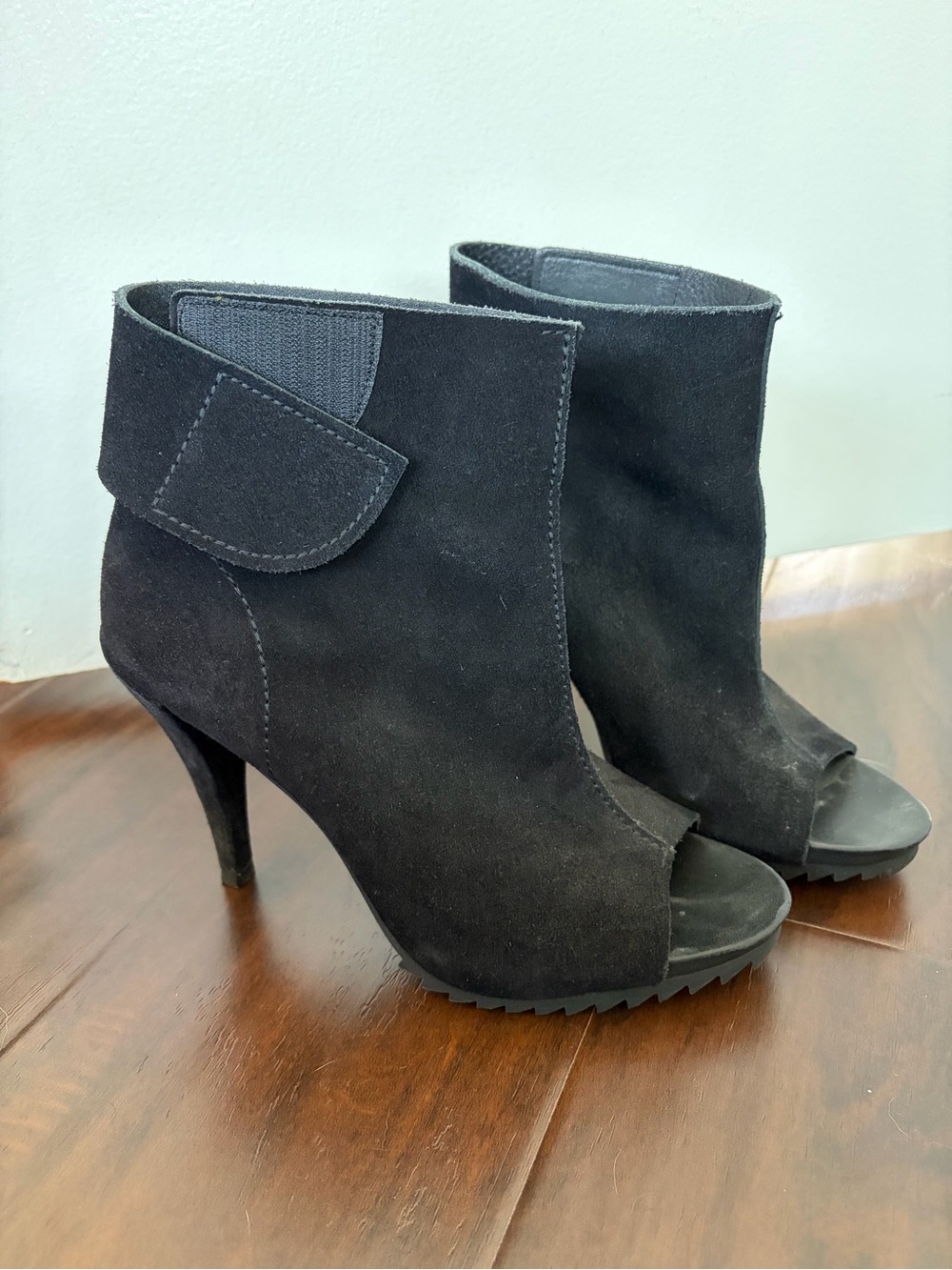 Pedro Garcia Black Suede Peep-Toe Ankle Booties